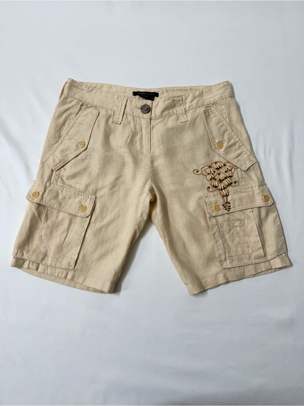 BCBG Max Azria 100% Linen Embroidered Cargo Shorts Size 0
